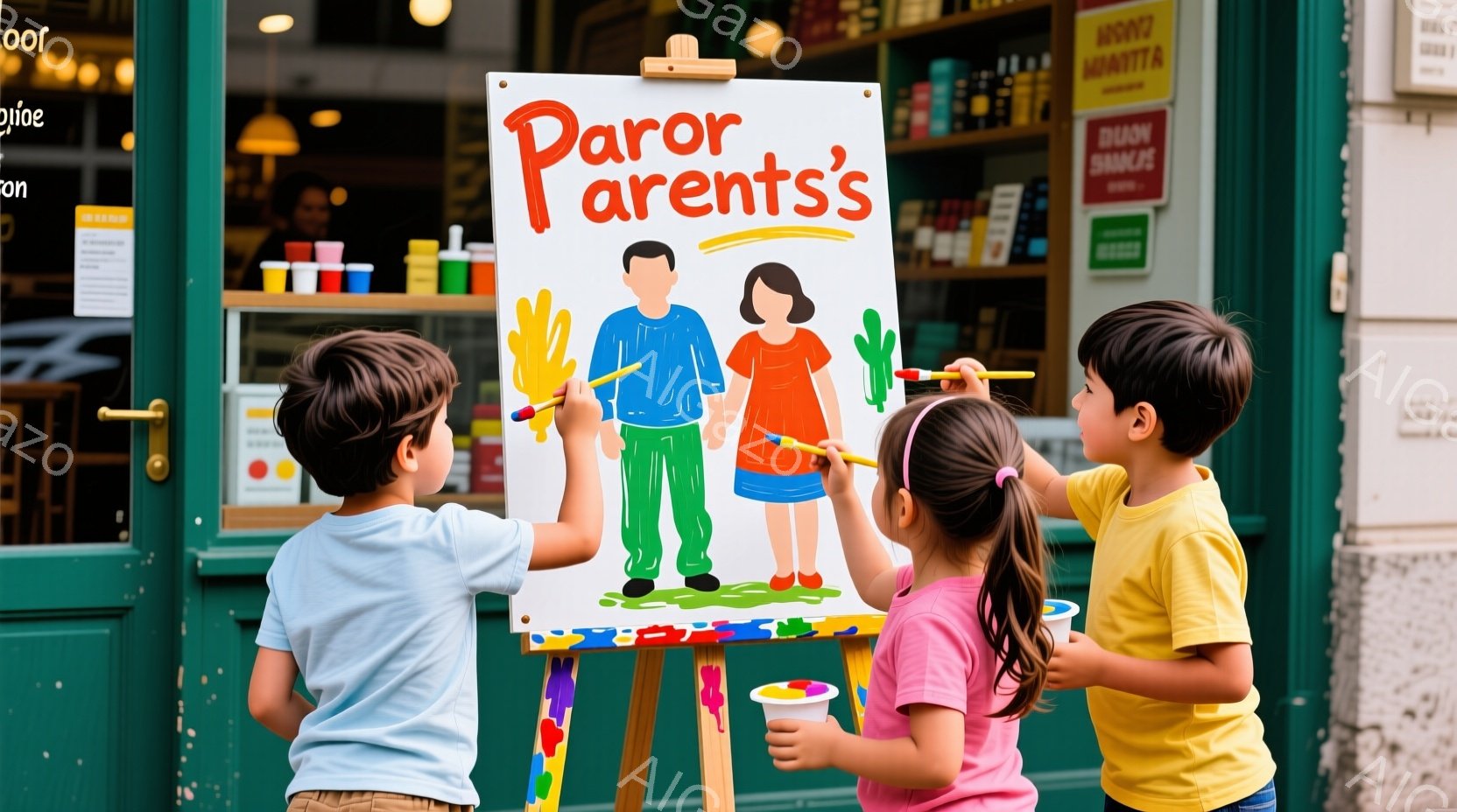 2人の子供がイーゼルに描かれた両親の絵に色を塗っています。男の子は青いTシャツを着ていて、女の子はピンクのTシャツとポニーテールに髪を結んでいます。背景にはお店があり、明るい日差しが差し込み、楽しい雰囲気が漂っています。