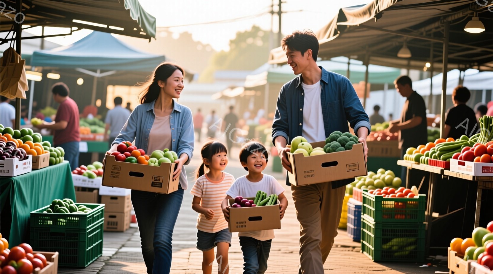鮮やかな市場で、笑顔の女性と少年、少女がそれぞれ野菜の段ボール箱を持って歩いています。女性はジーンズに薄いピンク色のシャツ、少年は赤いTシャツ、少女は白いシャツを着ており、皆リラックスした表情です。背 - AI生成フリー素材