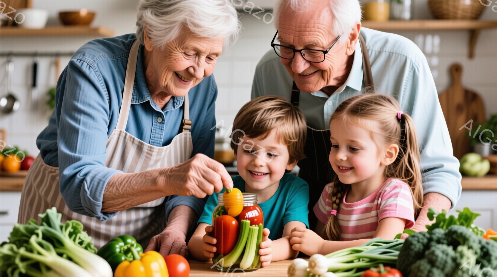 白髪の女性と男性が、緑色のセーターを着た少年とピンク色のストライプのシャツを着た少女と一緒にキッチンで野菜の瓶詰めをしている。女性はエプロンを着ていて、少年が瓶にピーマンを入れるのを手伝っている。背景 - AI生成フリー素材
