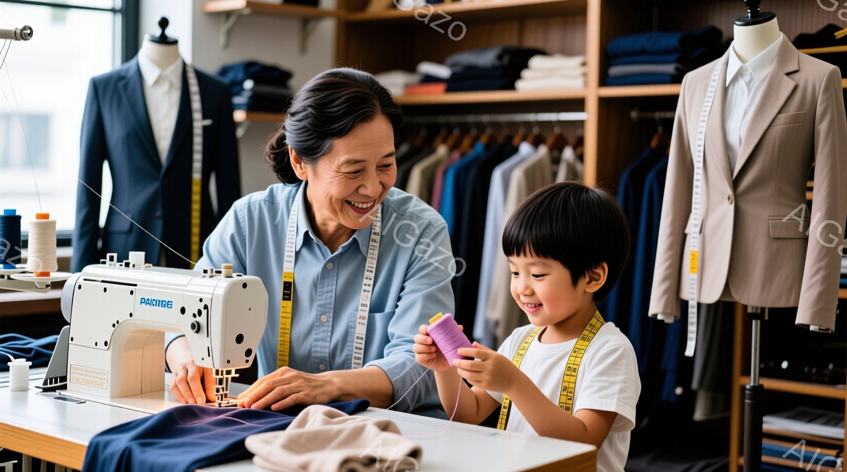 縫製機械の前に座る白髪の女性と、紫色の布地を巻いている若い男の子が写っています。女性は微笑んでおり、男の子は楽しそうに布地を見つめています。背景には、様々な色の服が並んだラックがあり、アトリエのような穏やかで温かい雰囲気が漂っています。
