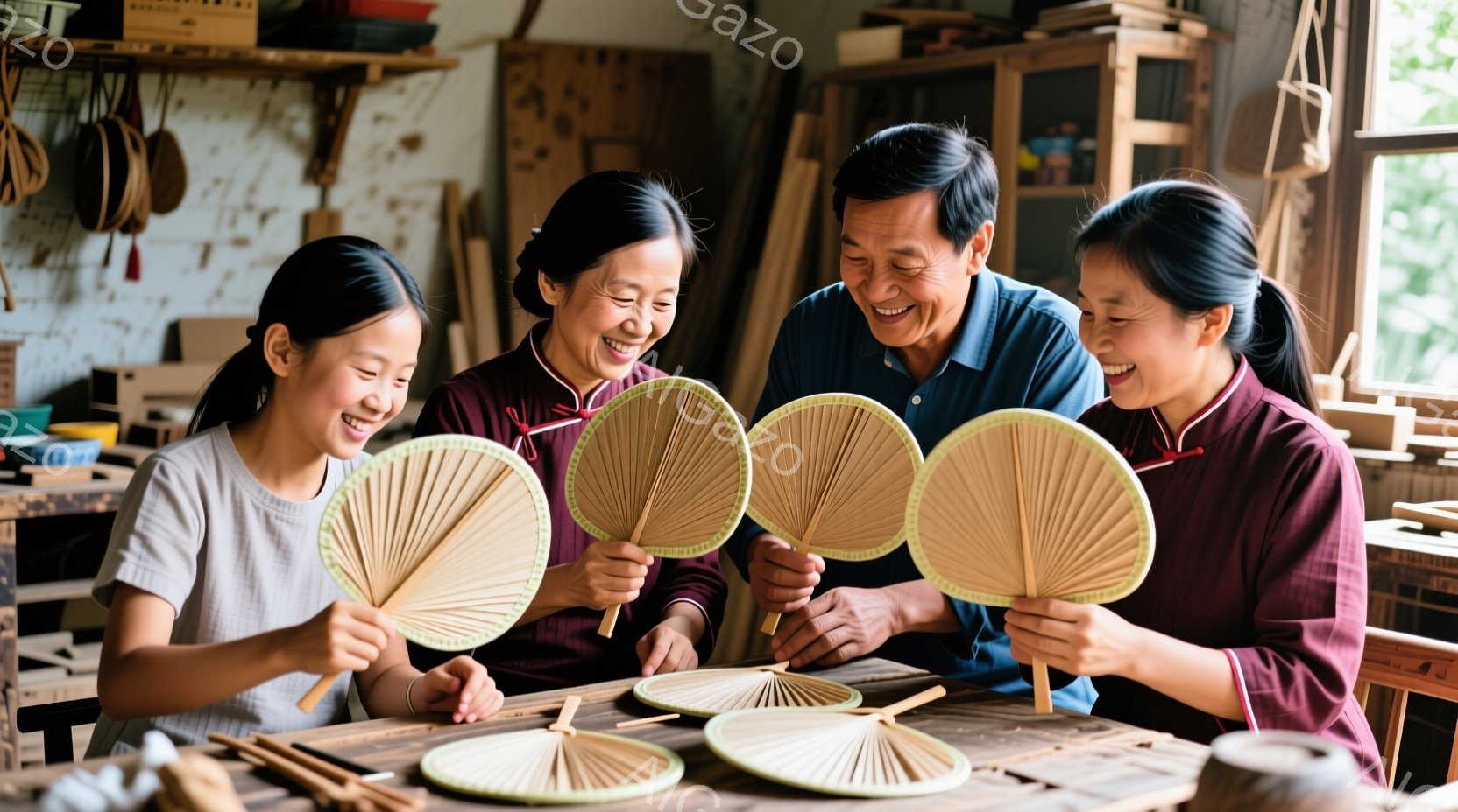 四人の女性と男性が、手作りの扇子を手に微笑んでいます。皆、落ち着いた色の服装で、女性たちは髪を後ろでまとめています。背景には木製の棚や道具が見え、扇子作りの工房のような空間で、温かく穏やかな雰囲気が漂っています。