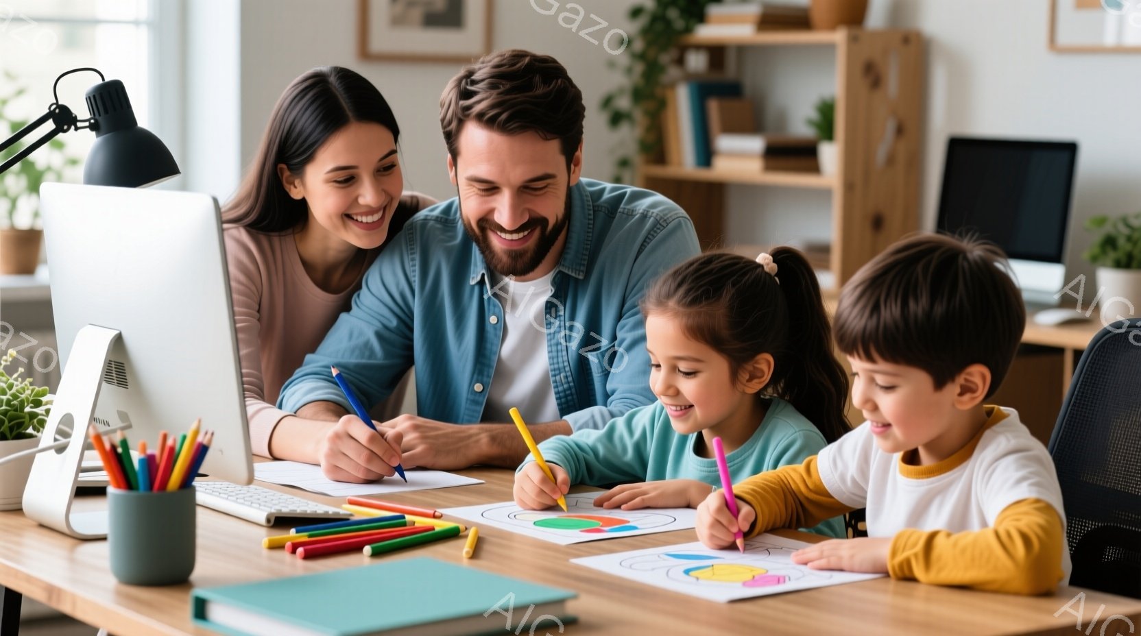 家族が共同で作業をする場面。女性と男性は、子供たちの手先を見ながら大好きな経営者のように滑らかな表情で微笑んでいます。バックグラウンドには、家族と共に仕事をしている雰囲気があり、背景には明るく清潔な空 - AI生成フリー素材