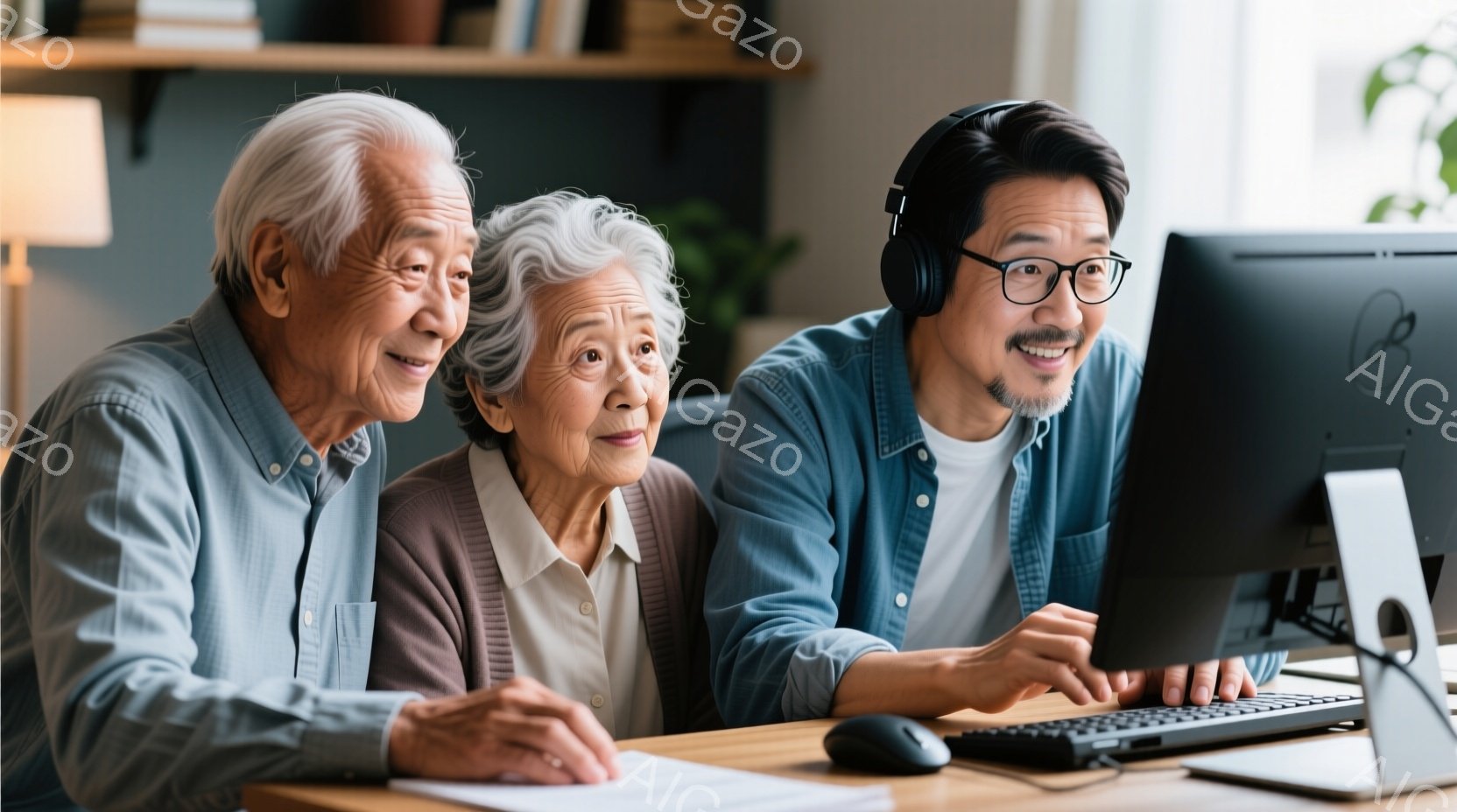高齢の夫婦と若い男性がパソコンを見ている様子が写っています。おじいさんは白い髪で、薄い水色のシャツを着ています。おばあさんは、白い髪を後ろにまとめ、ベージュ色のカーディガンを着ています。