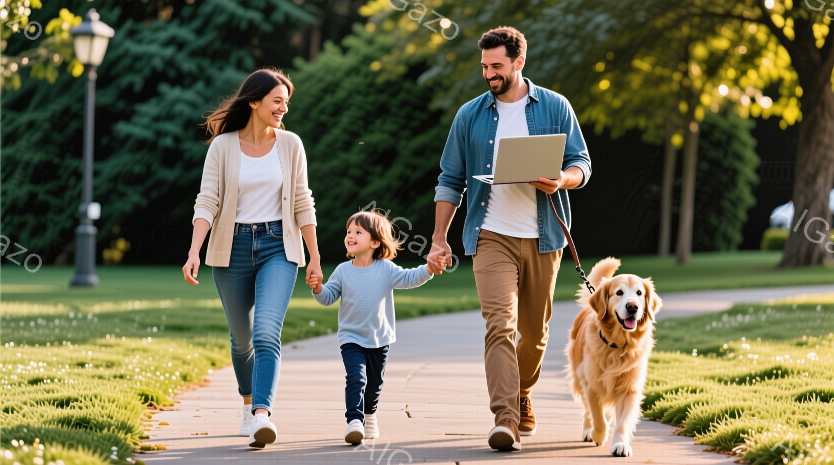 笑顔の女性が、幼い子供と手をつないで歩道上を歩いている。男性はノートパソコンを持って、犬のリードを握りながら二人の後ろを歩いている。背景には緑豊かな木々が並び、晴れた日の穏やかな散歩の様子がうかがえる - AI生成フリー素材