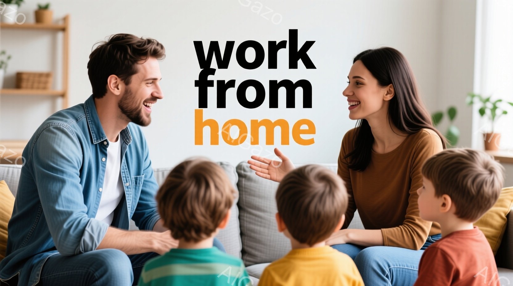 家庭でのリラックスした時間を示す写真です。中央に座ったカップルが子供たちと一緒に過ごしているようなシーンを描いています。男性はベージャム風のカジュアルな服装で、女性はフォーマルなブラウスに着き、いずれ - AI生成フリー素材