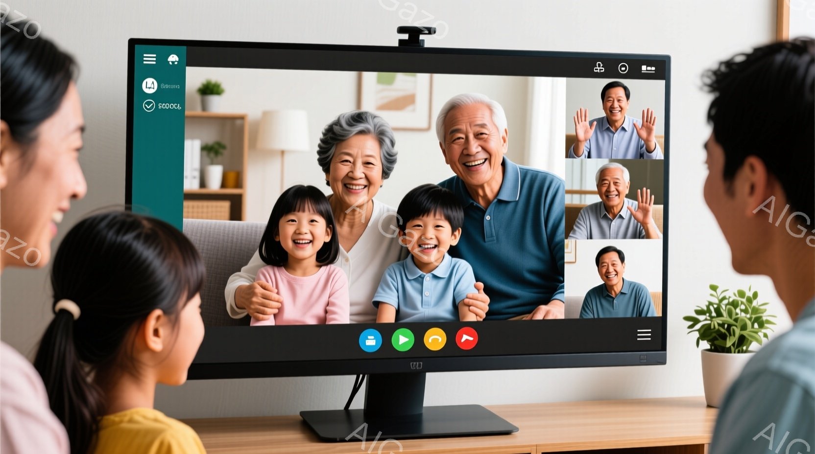 画面にはビデオ通話の様子が映っており、高齢の夫婦と幼い孫たちが笑顔で写っています。彼らは皆、カジュアルな服装で、温かく幸せな雰囲気が伝わってきます。背景にはリビングルームの一角が見え、植物や家具があり、家庭的な空間を演出しています。