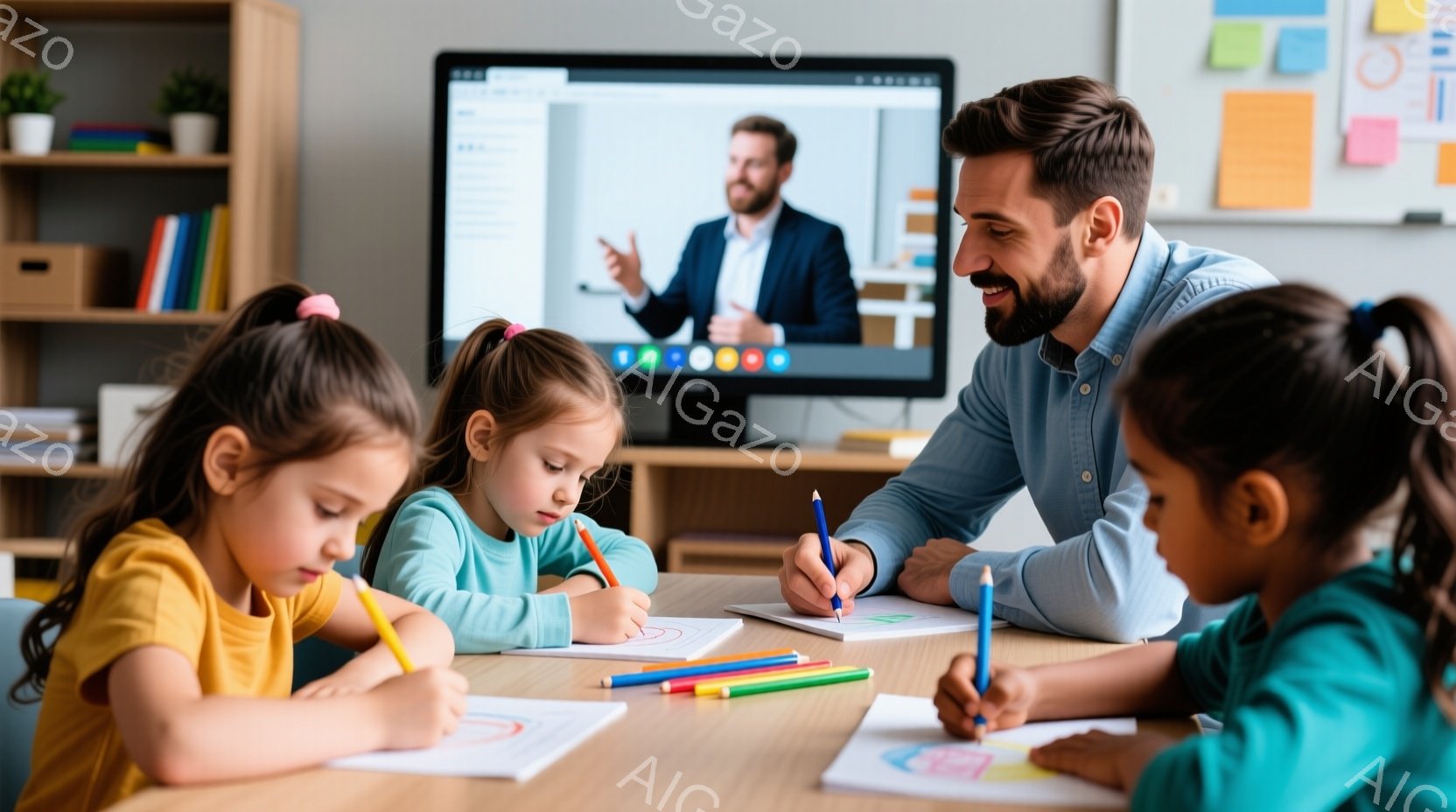 教育の場景を示すものです。教師と子どもたちが集まって勉強している姿勢で、沈黙が一致しているように見えます。教師は正面から写っており、子どもたちは集中して紙やペンを使用して受け止めています。テレビが上部にあり、そこで男性の形象が映されているように見えます。背景は書対した書棚と白い壁で構成されており、照明が広くあります。全体の雰囲気は集中と学習に関連する印象を与えます。