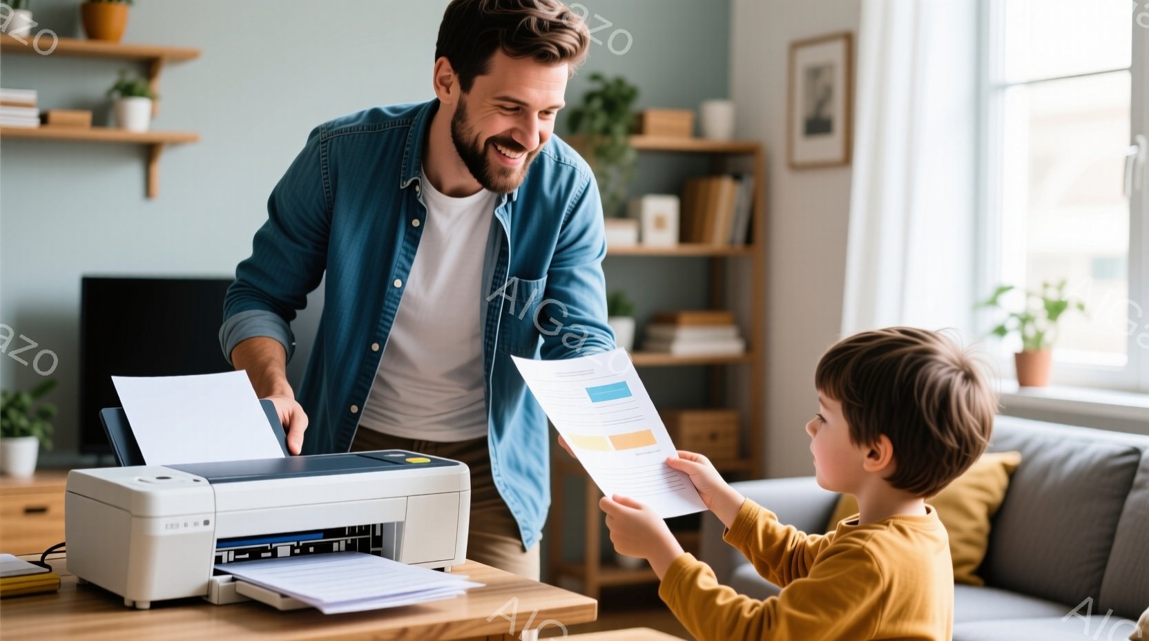 陽気な父親が、茶色い髪の少年と印刷された紙を見ながら微笑んでいます。父親は青いシャツを着ており、少年はオレンジ色のセーターを着ています。背景には、植物が飾られた棚と、ベージュ色のソファが見え、温かく家庭的な雰囲気が漂っています。