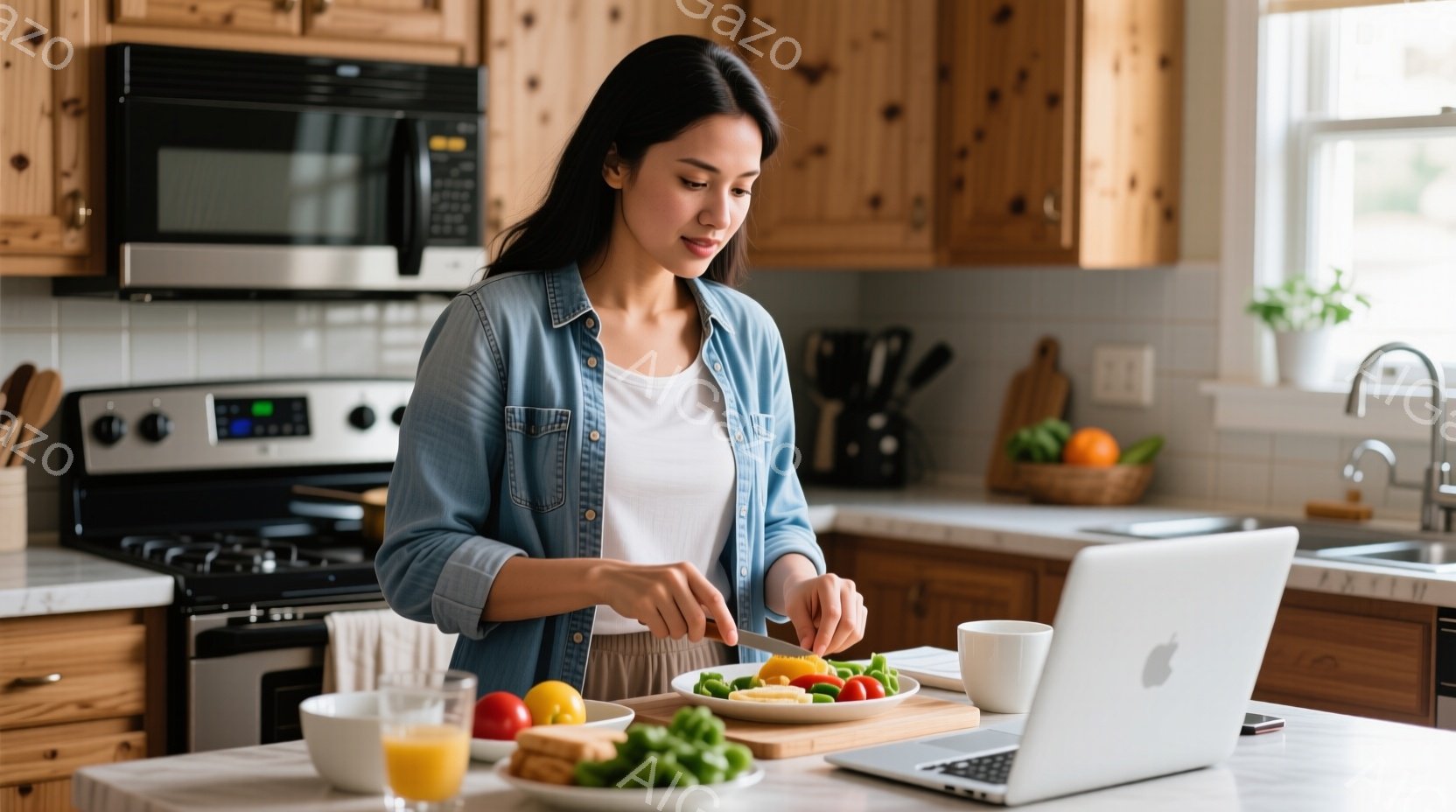 キッチンで女性が野菜を切っています。彼女は白いトップスにデニムジャケットを着ており、髪は長くストレートです。背景には、調理器具、果物、そして開いたラップトップがあり、朝食を作りながら何かを見ている様子です。