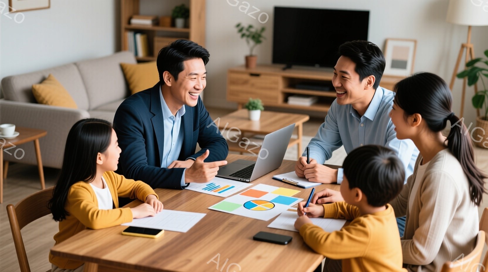 暖色系の部屋で、一組の家族がダイニングテーブルを囲んで座っています。父親は紺色のジャケットを着ており、母親と娘たちは黄色やベージュのセーターを着ています。皆笑顔で、父親は娘に何かを説明しているようで、 - AI生成フリー素材