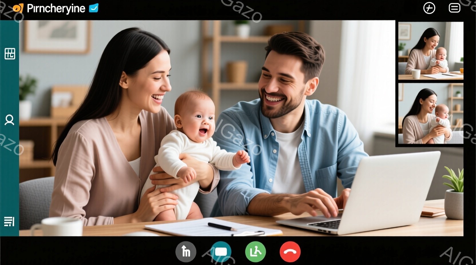 若い夫婦が赤ちゃんを抱きかかえながら、リビングルームでノートパソコンを使用しています。女性は白いブラウスを着て微笑み、男性は薄いブルーのシャツを着てパソコンのキーボードを操作しています。背景には、明るい色調のシンプルな家具と植物が見え、温かく穏やかな家庭の雰囲気が漂っています。