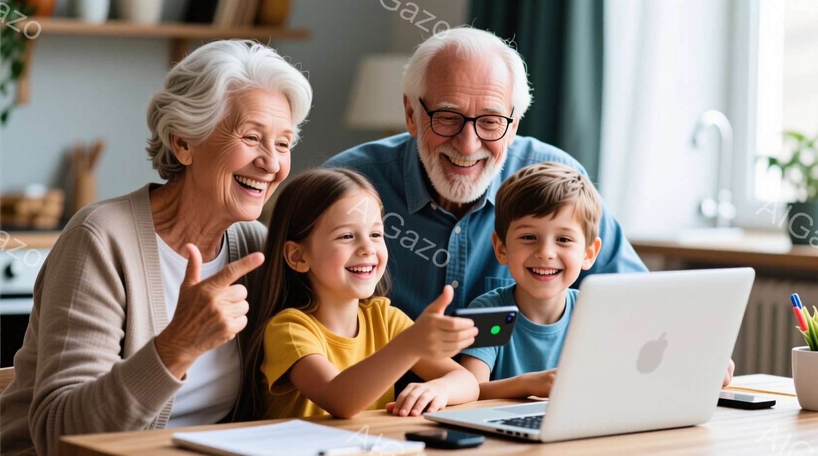 白髪の祖母と祖父、そして2人の子供たちがテーブルを囲んで笑顔でパソコンを見ている。祖母はベージュのセーターを着ていて、祖父は青いシャツを着ている。子供たちはそれぞれ黄色と青のトップスを着ており、全員が親指を立てて喜びを表現している。