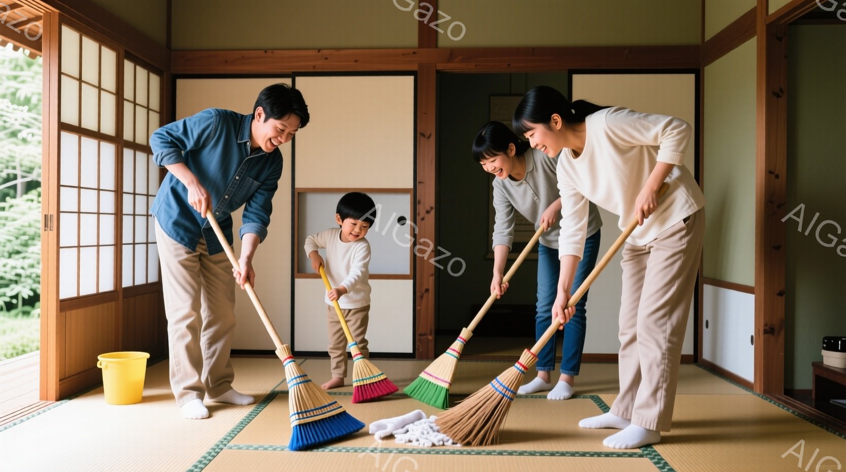 畳の部屋で、若い夫婦と幼い子供が掃き掃除をしている様子が写っている。夫はデニムシャツを着て、妻はベージュのトップスとパンツ姿で、それぞれ笑顔でほうきを持っている。背景には障子と木製の枠組みが見え、窓の外には緑豊かな自然が広がっており、温かく家庭的な雰囲気が漂っている。