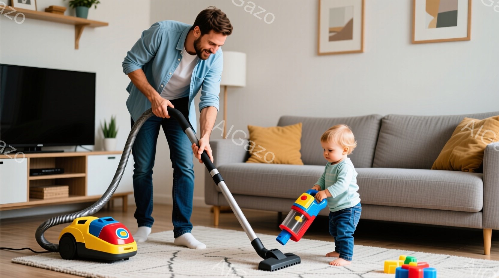 一人の男性が掃除機をかけており、幼い子供が小さなおもちゃの掃除機を持って立っています。男性はデニムのズボンと薄いブルーのシャツを着ており、髪は短く整えられています。リビングルームには、グレーのソファ、白いラグ、そしてカラフルなおもちゃが散らばっており、温かく家庭的な雰囲気です。