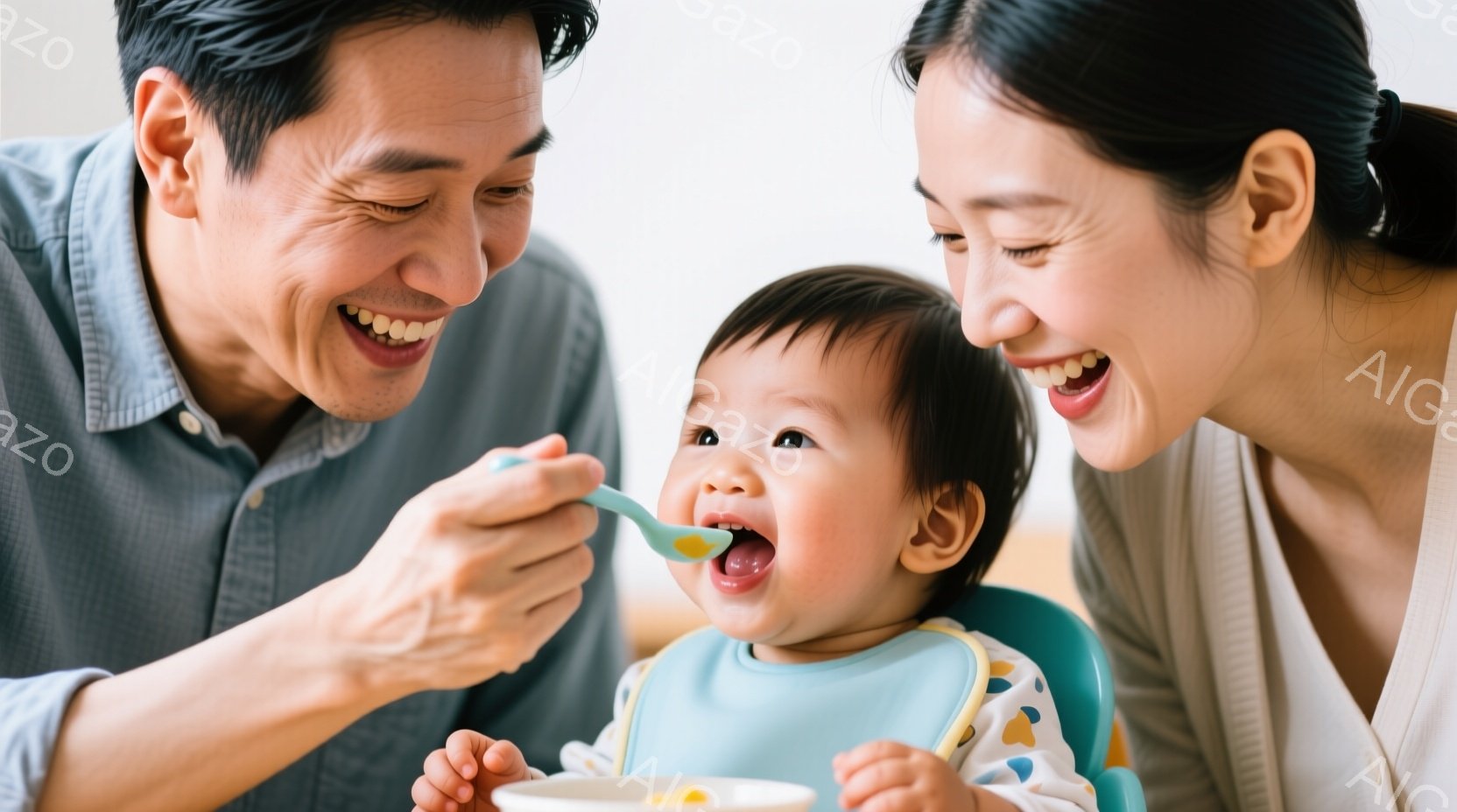 赤ちゃんはハイチェアに座り、口を開けてスプーンで食べ物を食べようとしています。母親と父親は赤ちゃんの周りにいて、笑顔で愛情深く見守っています。背景はぼやけていますが、温かく家庭的な雰囲気で、幸せな家族の食事が描かれています。