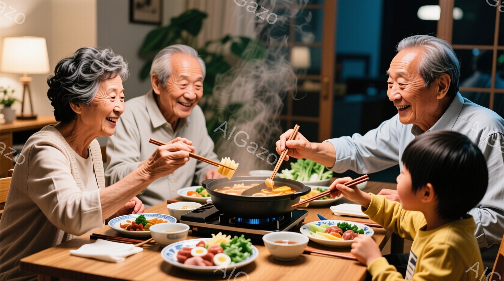 温かい光に包まれた食卓を、祖父母と子供が囲んでいる。おばあちゃんは灰色の髪を短くまとめ、笑顔で箸で料理を取っている。おじいちゃんは白髪で優しい表情で、子供におかずを勧めている様子で、皆が幸せな時間を過ごしている様子が伝わる。