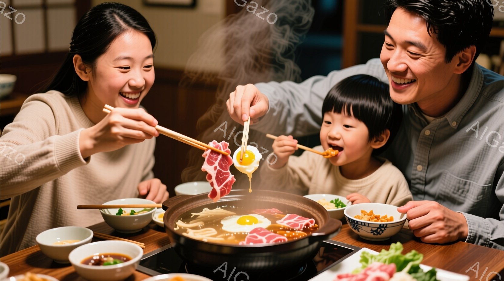 温かい鍋料理を楽しむ家族の様子が写っている。母親は明るいベージュ色のセーターを着て微笑み、娘に具材を箸で渡している。父親は白いシャツを着ており、鍋を囲みながら嬉しそうに娘を見守っている。
