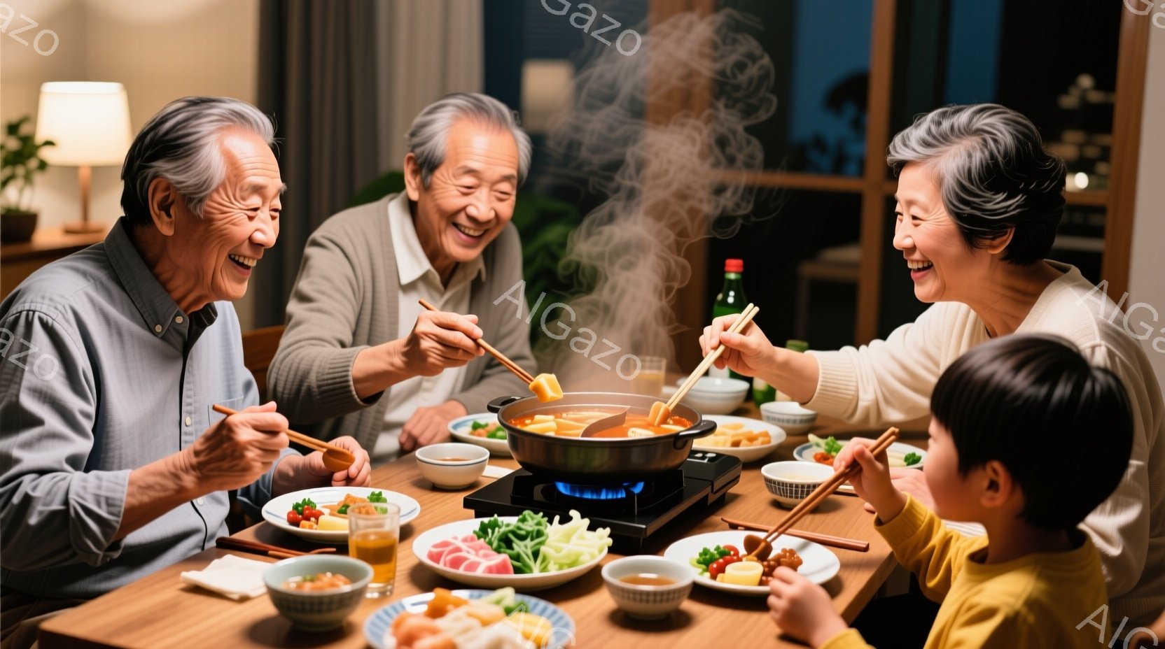 温かい光に包まれた食卓を、高齢の夫婦と幼い子供が囲んでいる。全員が鍋料理を楽しんでおり、笑顔で箸を動かしている様子から、和やかな家族の雰囲気が伝わる。背景には暖色系の照明があり、テーブルには様々な食材 - AI生成フリー素材