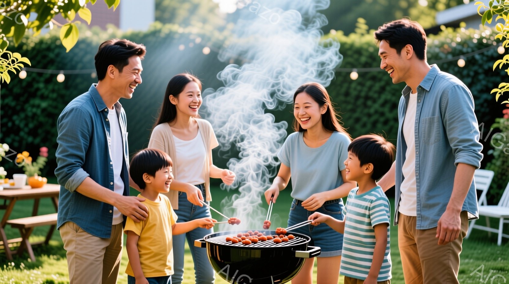庭でバーベキューを楽しむ家族が写っている。父親は水色のシャツを着ており、母親は白いTシャツを着ている。二人の子供はそれぞれ黄色と緑の縞模様のTシャツを着ており、父親がバーベキューグリルで肉を焼いているのを見ている。