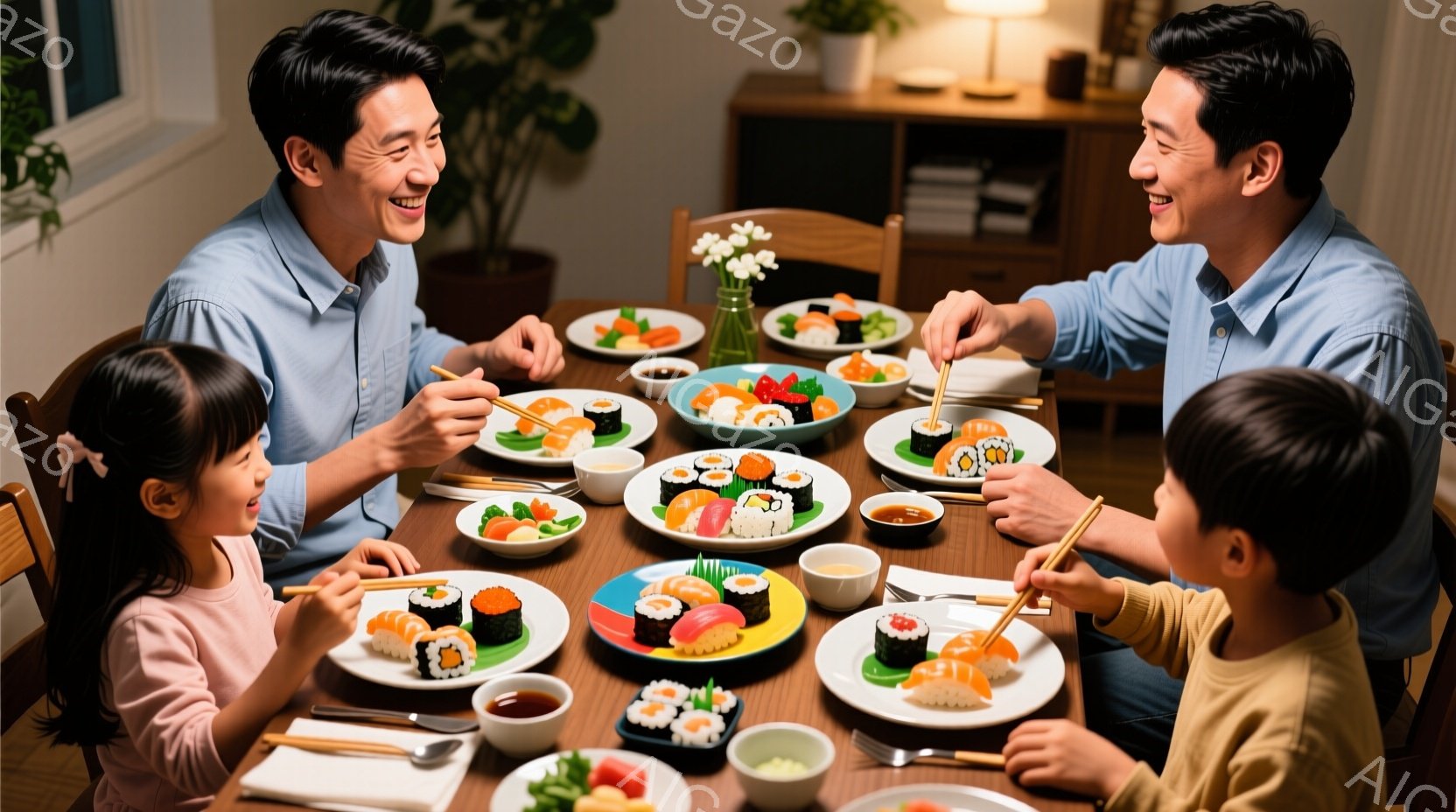 家族四人が食卓を囲み、寿司を食べている様子が写っている。父親は青いシャツを着ており、息子と娘はそれぞれ黄色とピンクの服を着ている。皆笑顔で、温かく幸せな雰囲気が漂っている。 - AI生成フリー素材