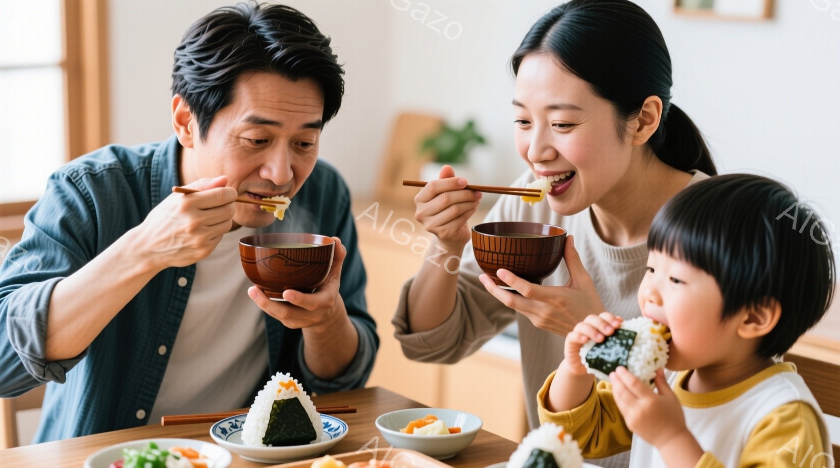 家族が食卓を囲み、温かい汁物を楽しんでいる様子が写っている。父親は青いシャツを着ており、母親は白いトップスを着ている。幼い子供は黄色いシャツを着て、おにぎりを美味しそうに頬張っている。 - AI生成フリー素材