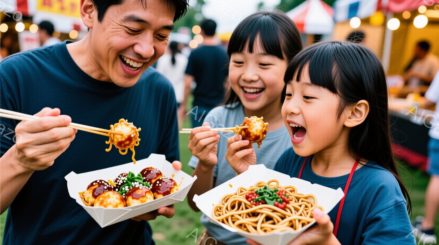 父親と2人の娘が屋台の食べ物を美味しそうに食べている写真です。父親は青いTシャツを着て、娘たちはそれぞれ赤いリボンと青いTシャツを着ています。背景には他の人々や屋台が見え、明るい日差しの中で賑やかなお - AI生成フリー素材