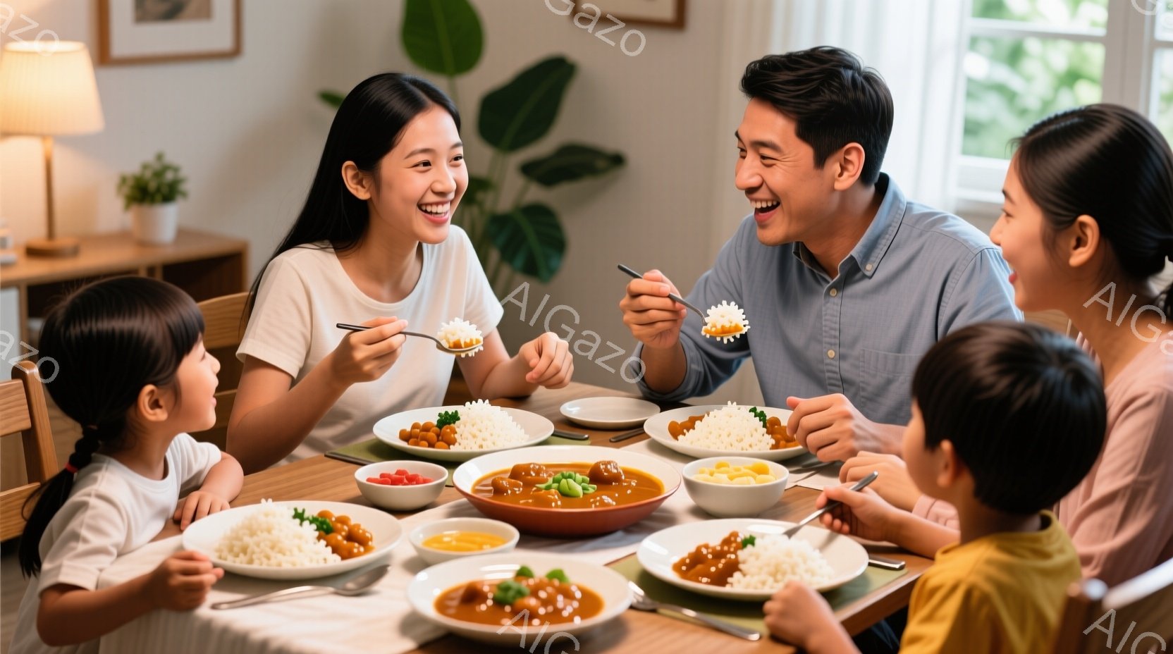 家族が食卓を囲み、カレーライスを楽しんでいる様子が描かれています。母親は長い黒髪で笑顔を見せ、子供たちはそれぞれ異なる髪型で、幸せそうに食事をしています。背景には明るいリビングルームが見え、温かく穏や - AI生成フリー素材