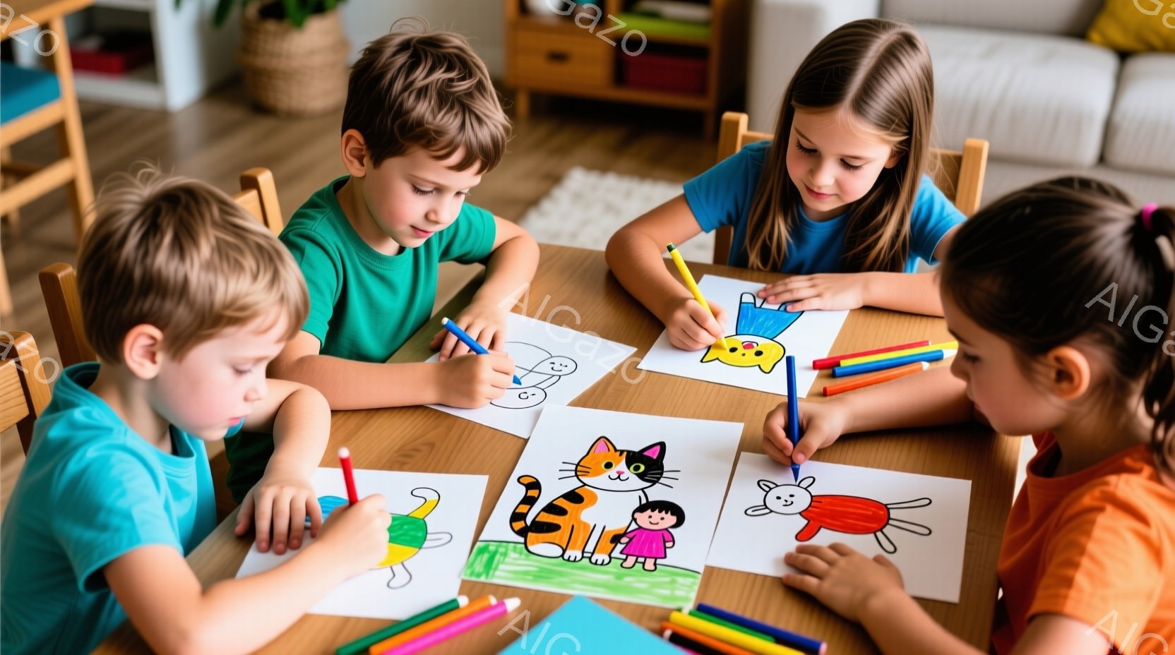 4人の子供たちがテーブルを囲んで着色を楽しんでいます。男の子は青いTシャツを着て、女の子はオレンジと青のTシャツを着ています。彼らは皆、真剣な表情で線画に色を塗っており、背景には明るい色の遊具や植物が見え、温かく楽しい雰囲気が漂っています。