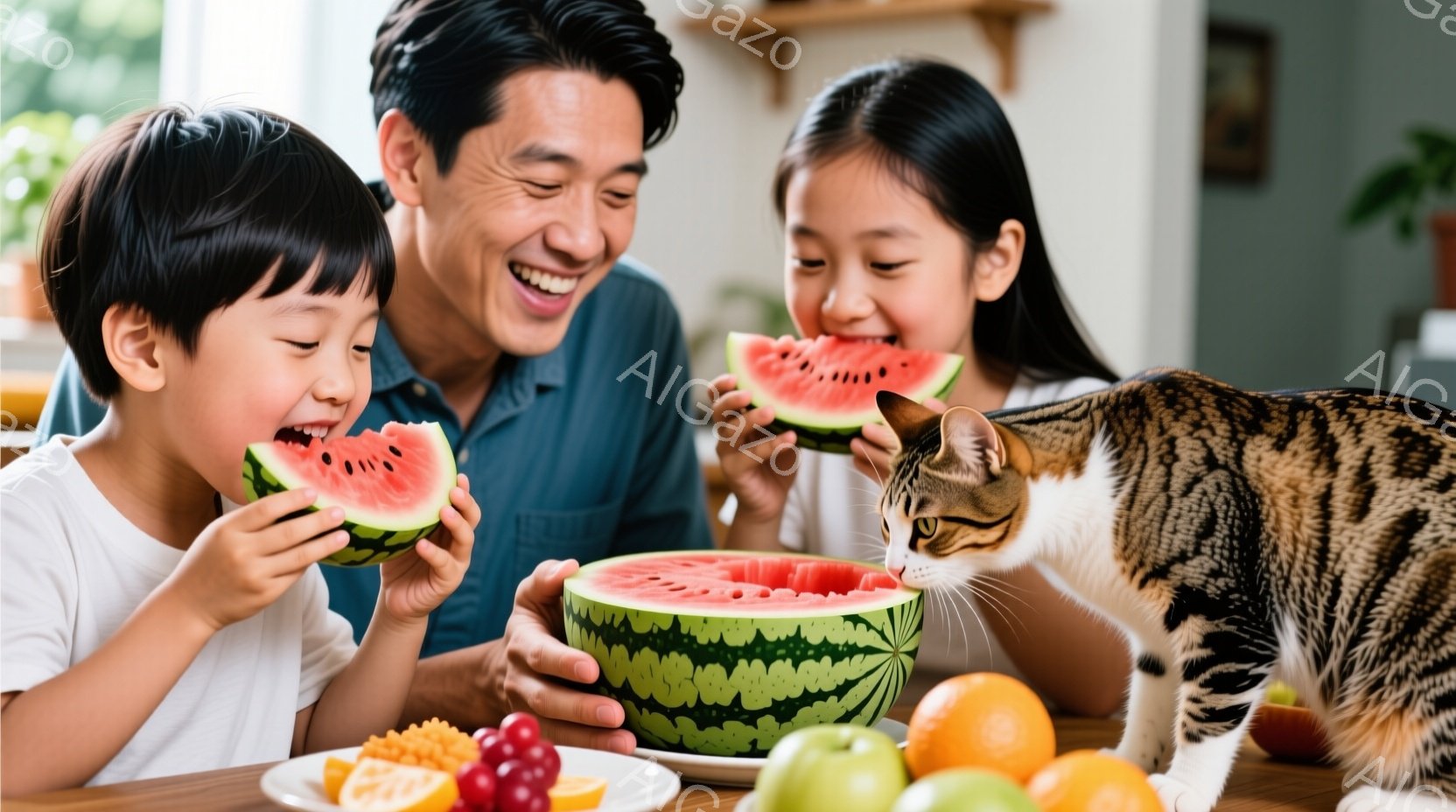 少年と少女がスイカを美味しそうに食べています。父親はスイカを手に持ち、嬉しそうに微笑んでいます。テーブルの上にはスイカの他に、オレンジやブドウなどの果物があり、背景には明るい室内が見えます。 - AI生成フリー素材