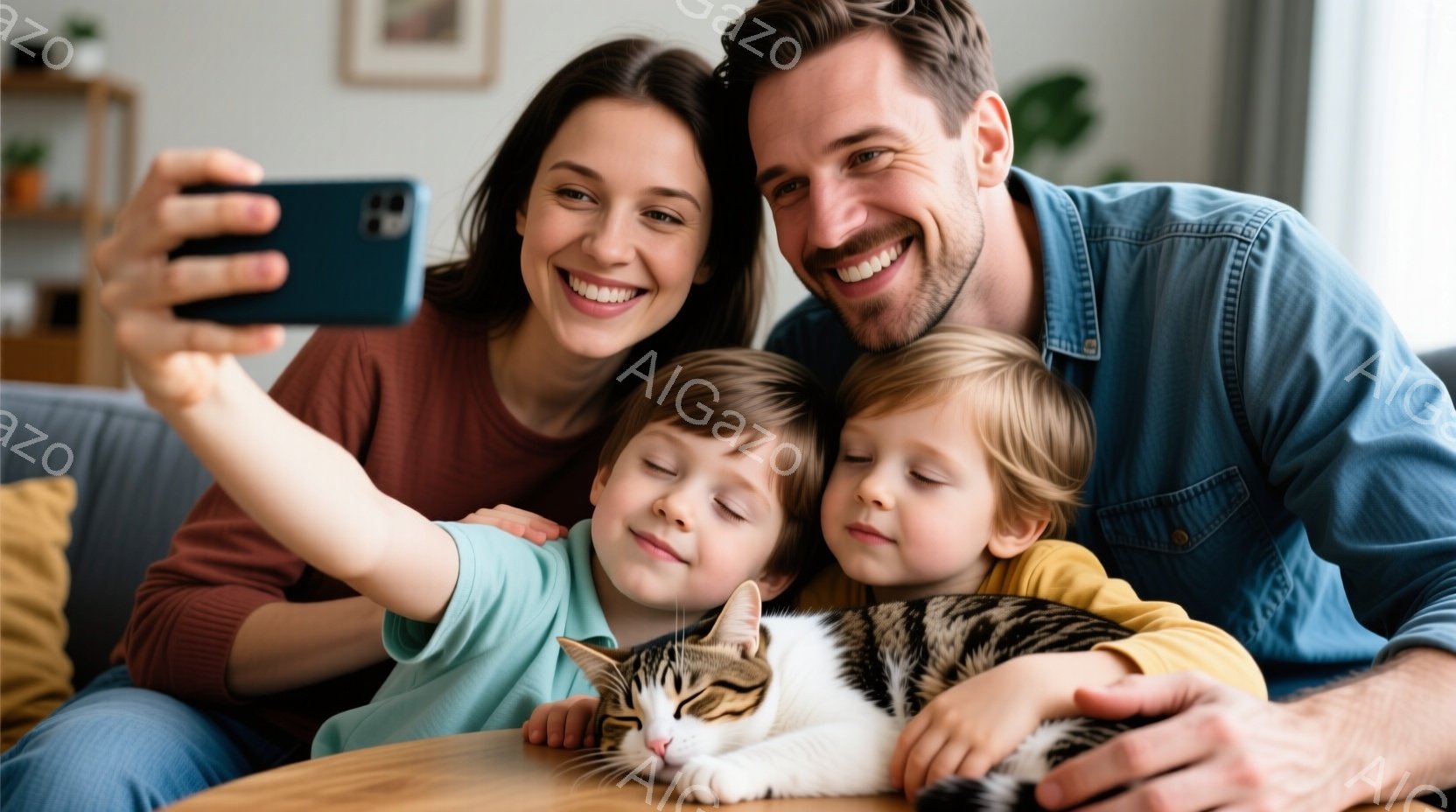 母親、父親、そして二人の幼い子供たちが、縞模様の猫と一緒にソファに座り、自撮り写真をとっています。母親は茶色のセーターを着ており、父親は濃い青色のシャツを着ています。子供たちはそれぞれ異なる色のシャツを着て、幸せそうに笑っています。猫は子供たちの間に横たわり、リラックスした様子です。