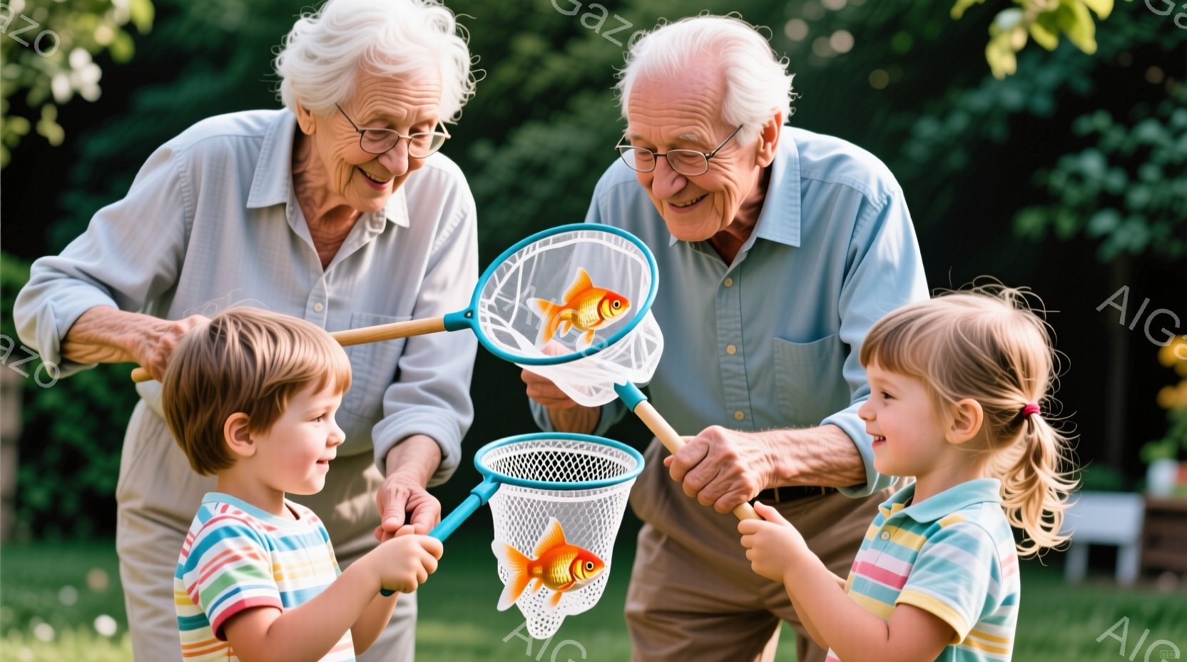 白髪の老紳士と少女が、それぞれ金魚を入れた網を持っている。老紳士は青いシャツを着ており、少女はストライプのシャツを着て笑顔を見せている。背景には緑豊かな木々が見え、晴れた日の穏やかな雰囲気が感じられる - AI生成フリー素材