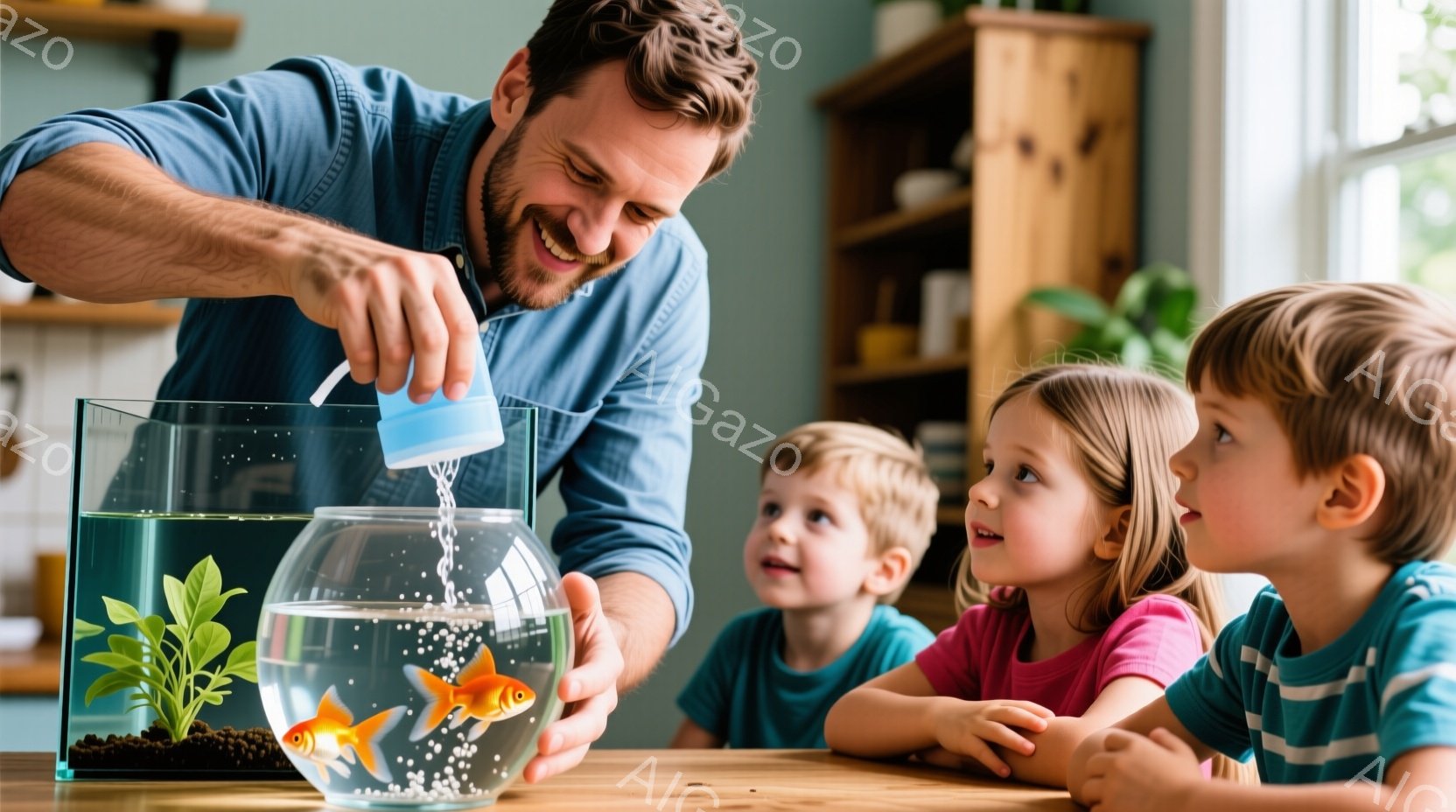 長い髪と髭を生やした男性が、フィッシュタンクに水を注いでいる。３人の子供たちは、興味津々とした表情でフィッシュタンクを見つめており、ピンク、青、白のカラフルな服を着ている。背景には木製の棚と緑の植物が見え、温かく家庭的な雰囲気が漂っている。