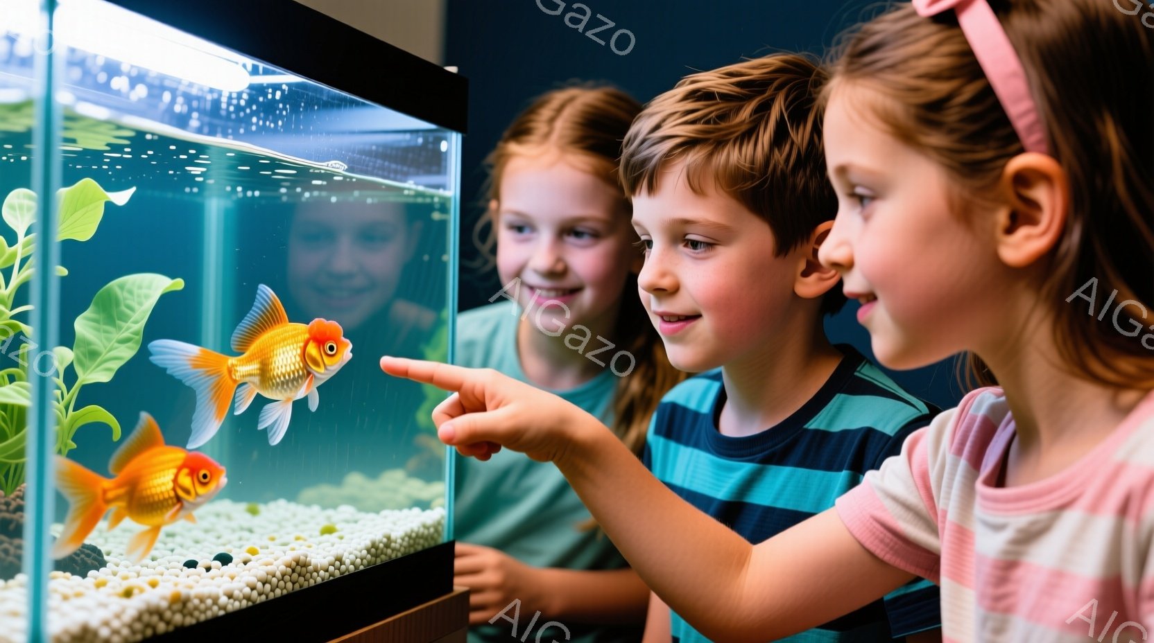 ３人の子供たちが水槽を覗き込んでいます。一番手前の男の子は青い縞模様のシャツを着ており、金色の魚を指差して笑顔を見せています。奥には、ブロンドの髪をポニーテールにした女の子が二人、水槽の中の魚を興味深 - AI生成フリー素材