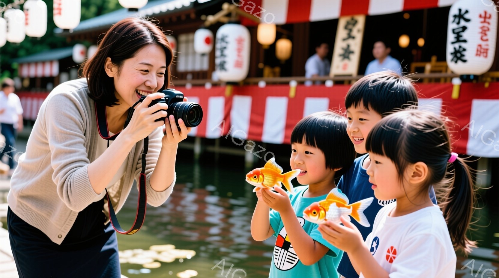 浅草の風景で、女性が子供達を撮影している様子が写っている。女性はベージュのカーディガンとジーンズ姿で、カメラを持って子供達に微笑んでいる。子供達は金魚を手に持ち、笑顔でカメラを見ている。背景には浅草寺の建物や提灯、水面が写り、明るい日差しが降り注いでおり、活気あるお祭りの雰囲気が伝わってくる。