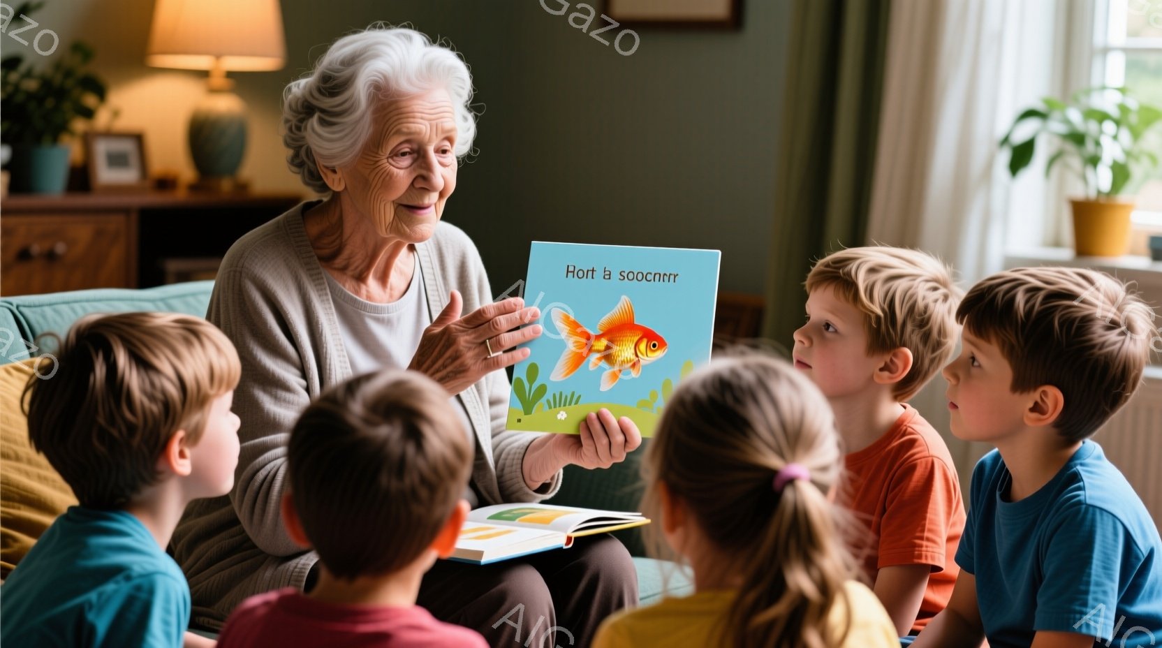 白髪で優しい表情のおばあちゃんが、鮮やかなオレンジ色の魚の絵が描かれた絵本を数人の子供たちに見せています。子供たちは明るい色の服を着て、絵本に夢中になり、興味津々な表情をしています。リビングルームには、柔らかい光が差し込み、心地よく温かい雰囲気です。