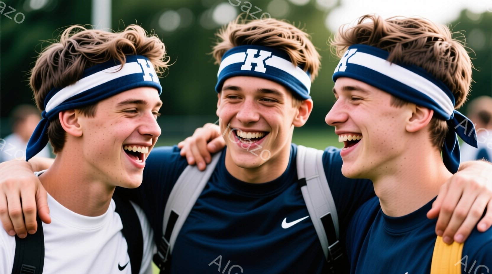 三人の若い男性が肩を組み、満面の笑みを浮かべている。紺色のポロシャツに白いヘッドバンド（「K」のロゴ入り）を着用し、それぞれスポーティな服装をしている。背景には緑豊かな木々とぼんやりとした建物が見え、 - AI生成フリー素材