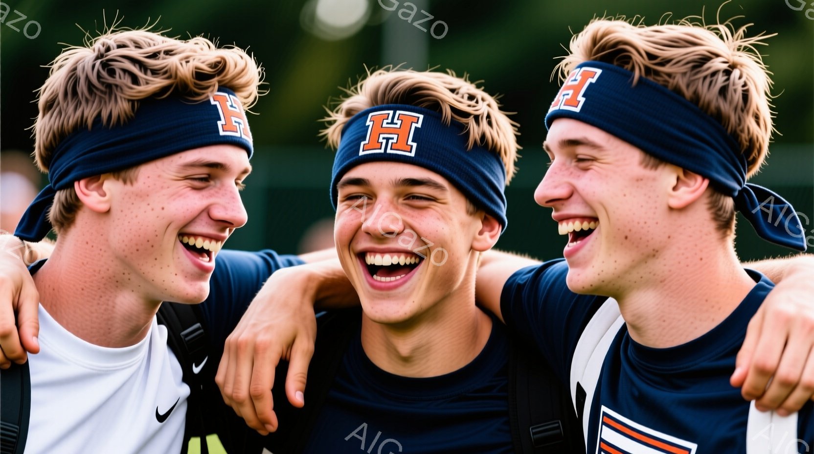 三人の若い男性が肩を組んで笑顔で写っています。彼らは紺色のスポーツウェアに、オレンジと白の「H」のロゴが入ったヘッドバンドを着用しており、顔にはそばかすがあります。背景は緑豊かな木々で、晴れた日の屋外での活気ある雰囲気です。