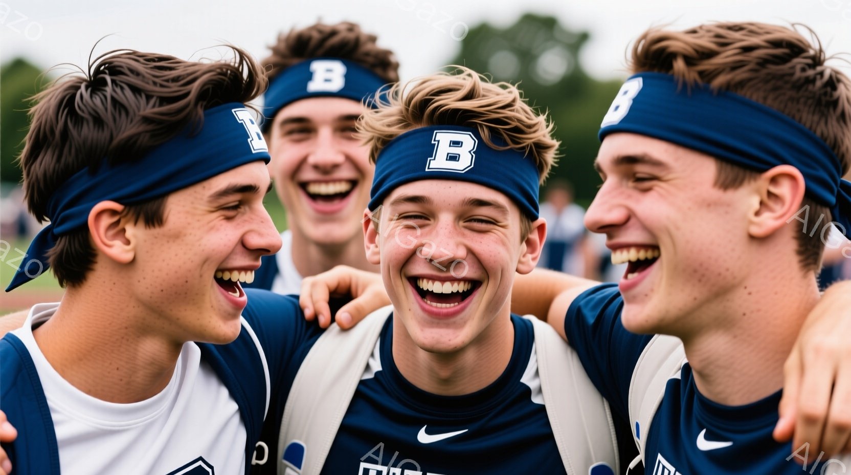 三人の若い男性が、青いヘッドバンドとスポーツウェア姿で肩を組んで笑顔を浮かべている。彼らは興奮しているようで、口を開けて大きく笑っている。背景には緑の芝生が広がり、曇り空の下、スポーツイベント後の喜びの雰囲気が漂っている。