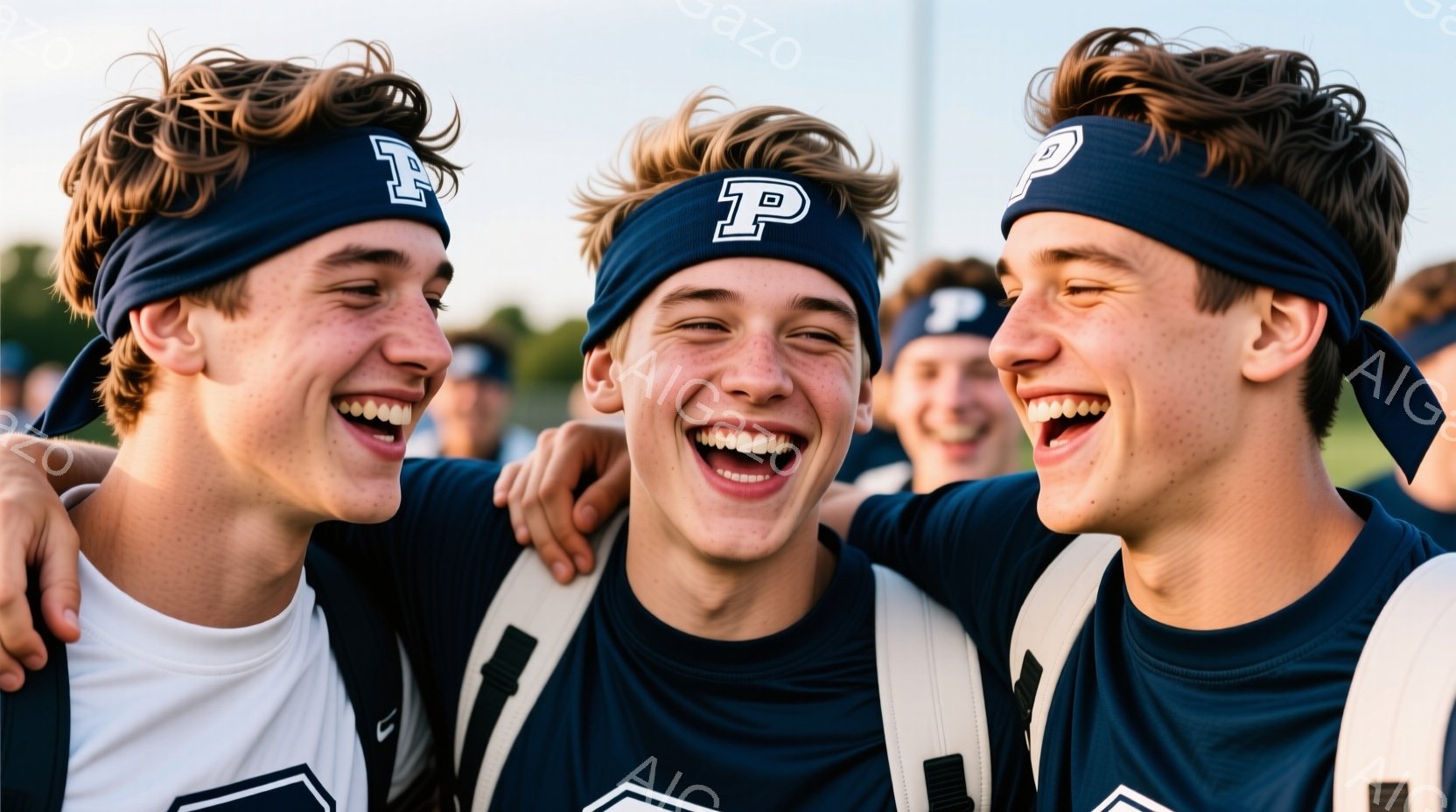 三人の若い男性が、紺色のヘッドバンドとスポーツウェアを着て、肩を組み、満面の笑みを浮かべている。彼らは皆、短くカールした髪を持ち、活気に満ちた表情で喜びを表現している。背景にはぼやけた緑の草地と、夕暮れ時の空が見え、全体的にチームワークと勝利の喜びを伝える温かい雰囲気である。