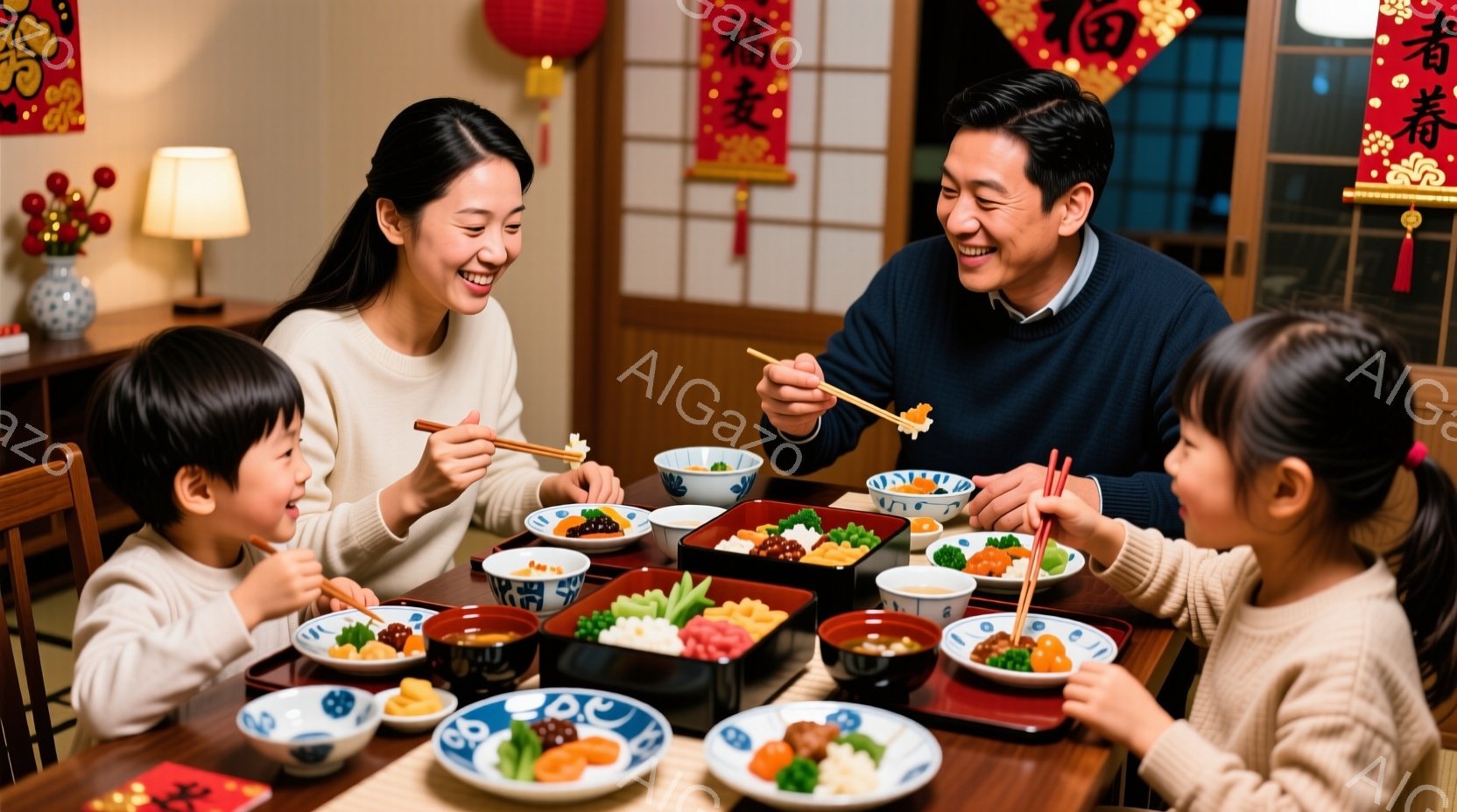 家族四人が食卓を囲んで食事をしている様子が写っている。母親と父親は笑顔で、それぞれ子供たちと向かい合って箸で料理を取っている。背景には赤い提灯のようなものが飾られ、温かく幸せな家庭の雰囲気が漂っている。
