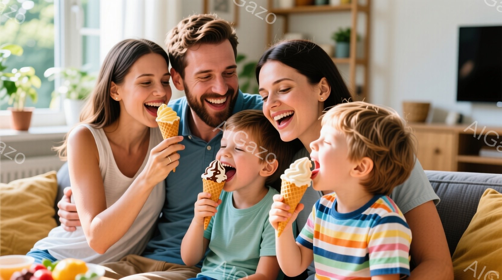 家族がソファに座り、ソフトクリームを楽しんでいる様子が写っている。母親と父親は笑顔で、それぞれの子供たちがソフトクリームを口いっぱいに頬張る様子を見守っている。背景には明るいリビングルームと、窓の外の - AI生成フリー素材