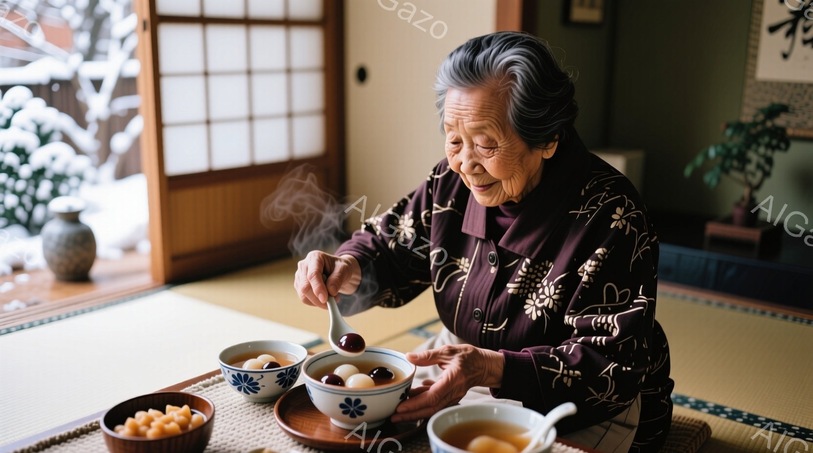 老婦人は和服を着てお茶を注ぐ。雪が降った景色で、和のお茶会のような懐かしい雰囲気が感じられる。