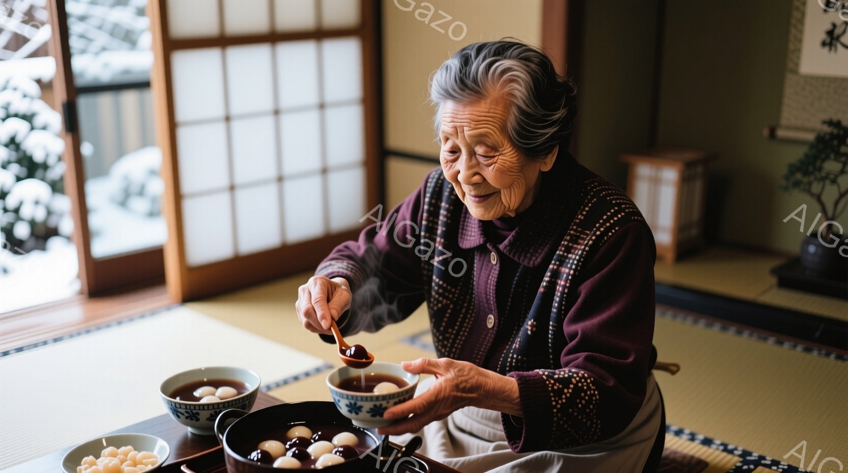 年配の女性が畳の上に座り、小さなお茶碗に団子を盛り付けている。彼女は紫色のチェック柄のセーターを着ており、白髪の髪を後ろで結んでいる。背景には障子戸と盆栽が見え、室内は暖かく、落ち着いた雰囲気である。
