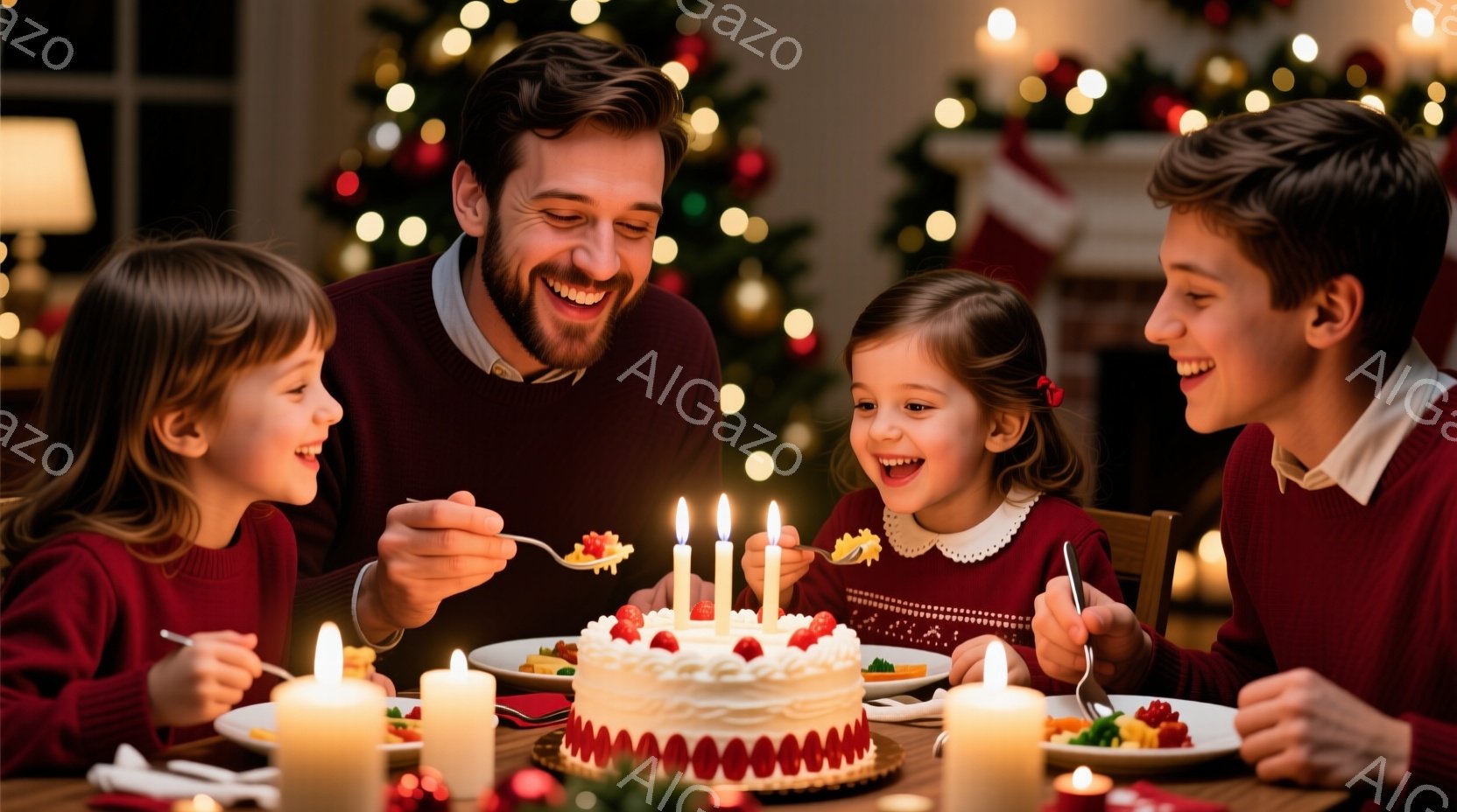 家族四人が、キャンドルが灯されたケーキを囲んで祝福の時を過ごしている。父親は笑顔で、赤いセーターを着ている。二人の娘はそれぞれ白い襟付きのセーターを着て、ケーキに添えられたクリームをスプーンで楽しんでいる。