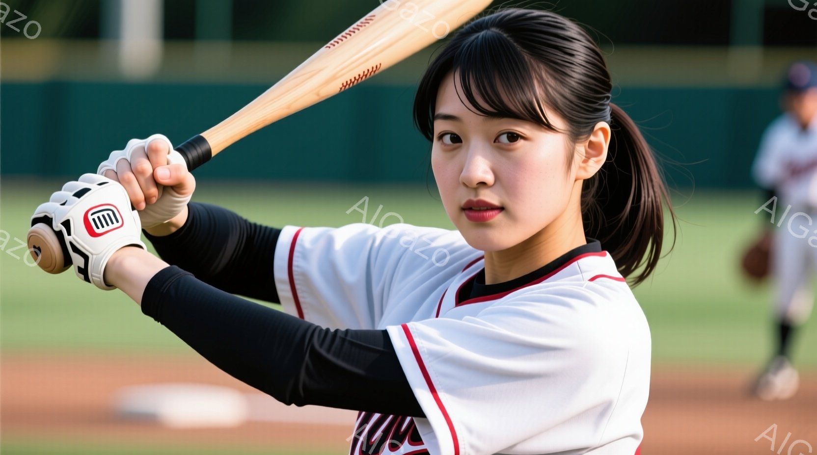 二つに分かれたパノラマで、中央の女性が野球ボールを打つ場面を描写している。彼女は紺色のユニフォームを着ており、髪は肩まで伸びる長さにカットされている。表情は冷静で、目線は画面に向けられているが、その他の人物は画像の端から見える程度であり、特定の個性や特徴を表現することはできない。