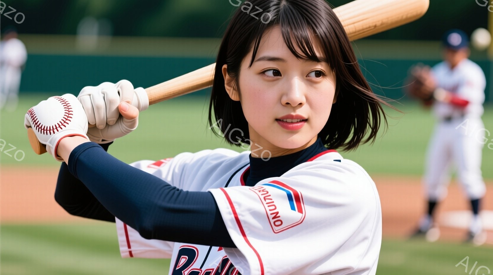 バッターボックスに立つ女性は、野球のユニフォームを着用し、ヘルメットをかぶっている。彼女はバットを構え、打つための準備姿勢をとっており、表情は真剣で集中している。背景には野球場が見え、他の選手や緑豊か - AI生成フリー素材