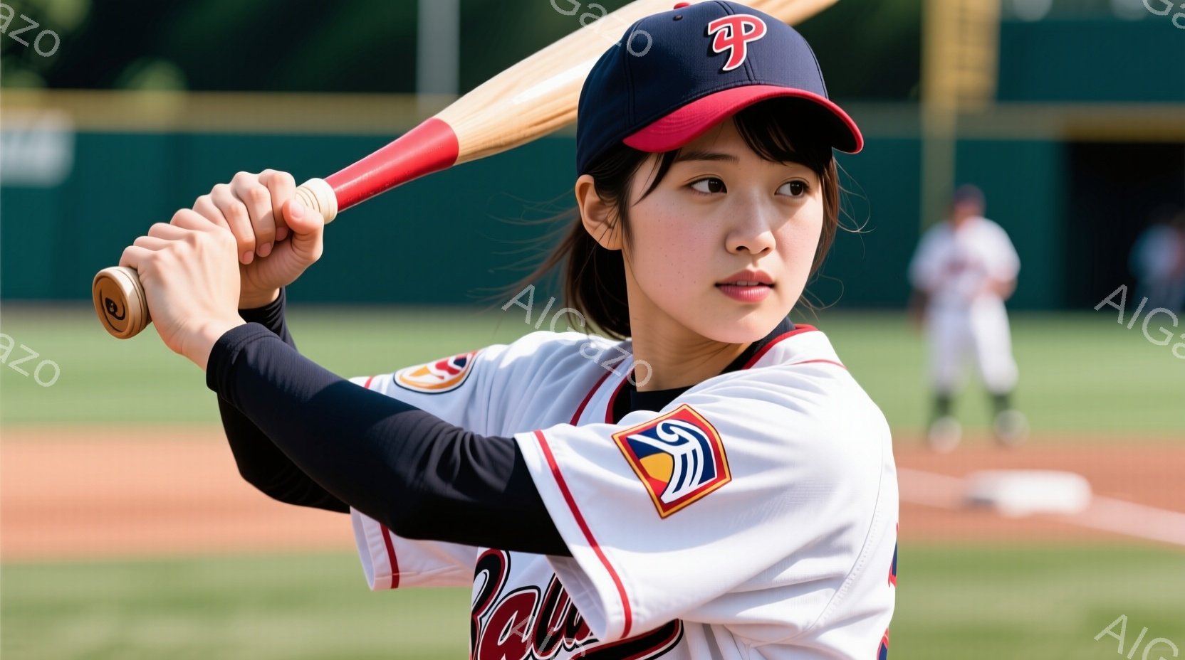 画像には野球バットを構える女性が写っており、白い野球ユニフォームに黒いアームカバーを着用し、黒いキャップを被っています。彼女は真剣な表情で振りかぶり、野球場の一塁側から見た背景には緑の木々と土のグラウンドが広がっています。全体的に晴天で、プロ野球選手の練習風景のような、活気のある雰囲気です。