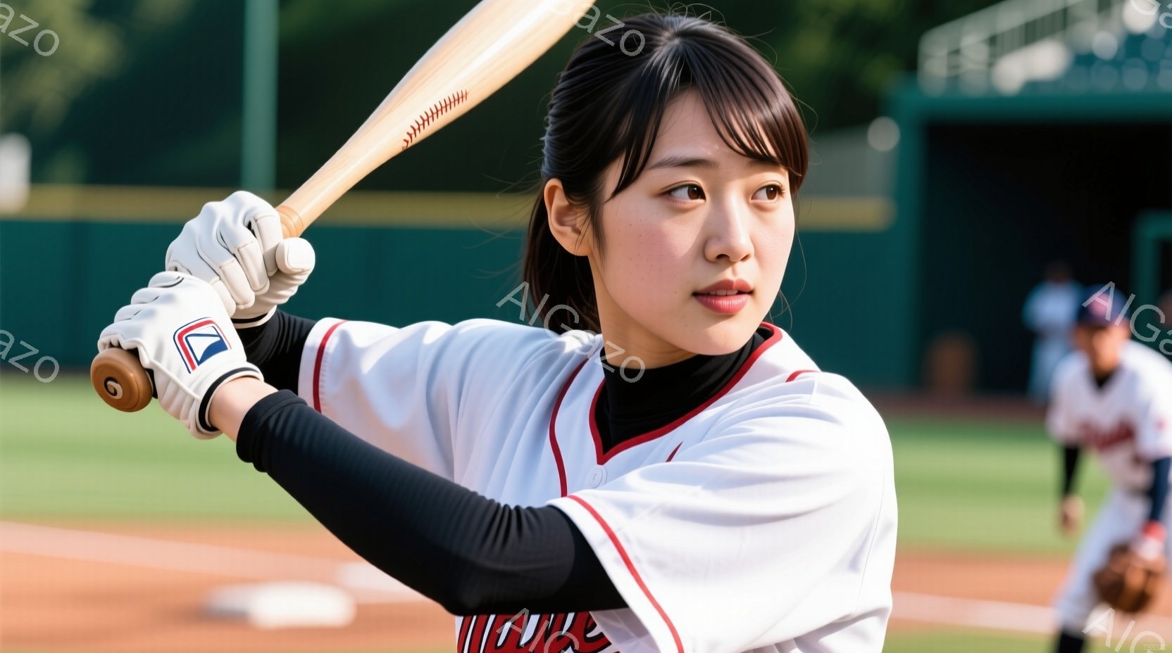 バッターボックスに立つ女性の野球選手が写っている。白を基調としたユニフォームに黒のアンダーシャツを着用し、髪は後ろでポニーテールに結んでいる。彼女はバットを構え、集中した表情でボールを待っている様子で - AI生成フリー素材