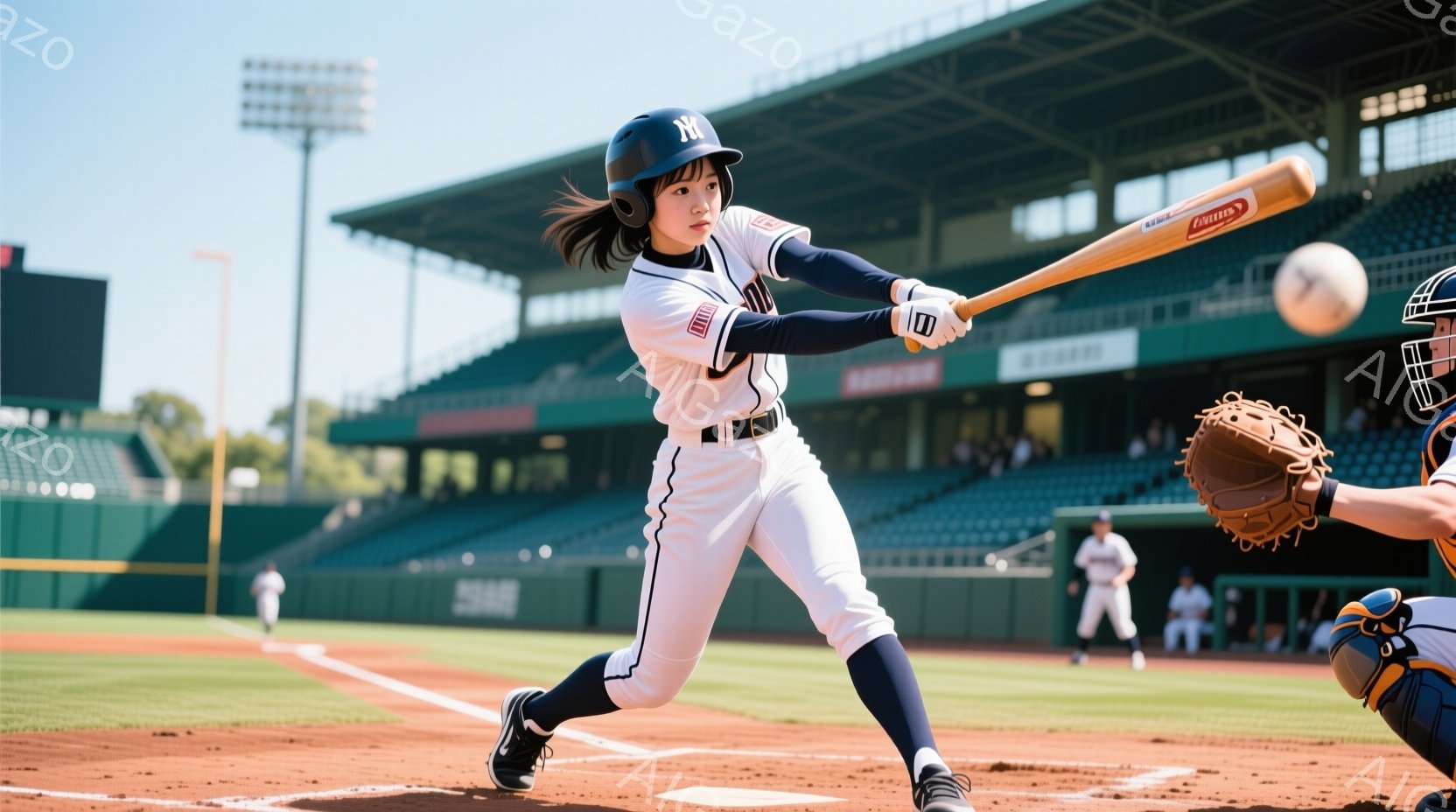 野球場でバッターボックスに立つ女性の姿が写っている。彼女は紺色の帽子、白い長袖のユニフォーム、紺色のパンツ、そして野球用のスパイクを身につけており、髪は後ろで一つに結んでいる。スイングの体勢で、バット - AI生成フリー素材