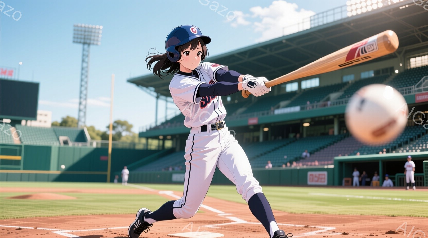 野球場でバッターボックスに立つ女性が描かれている。彼女は紺色のユニフォームと帽子を着用し、黒髪をポニーテールにしている。構えは力強く、スイングを開始した瞬間を捉えており、背景には緑の芝生と観客席が見え - AI生成フリー素材